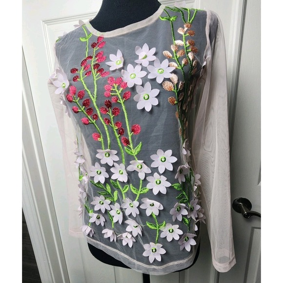 Zara Tops - Zara Floral Applique Mesh Top S Sheer 3D Flowers Embroidered Boho Festival Fairy
